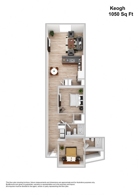 Floor plan for 2 beds, 2 baths, 1050 sqft